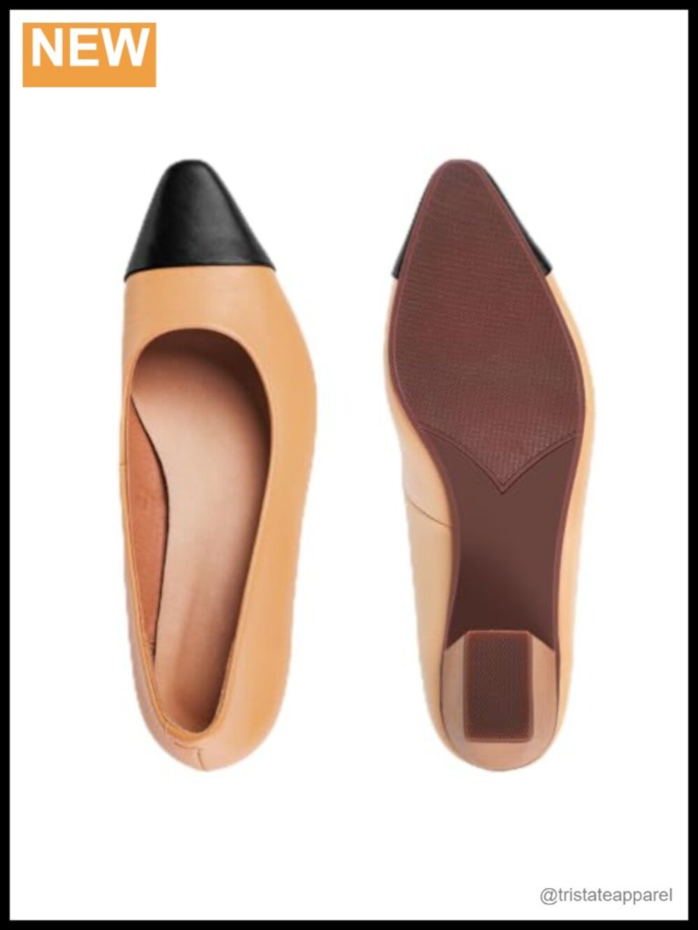 Genuine Leather Low Block Heel Pump Pointed Toe Cap Toe Slip-On Dress Shoe